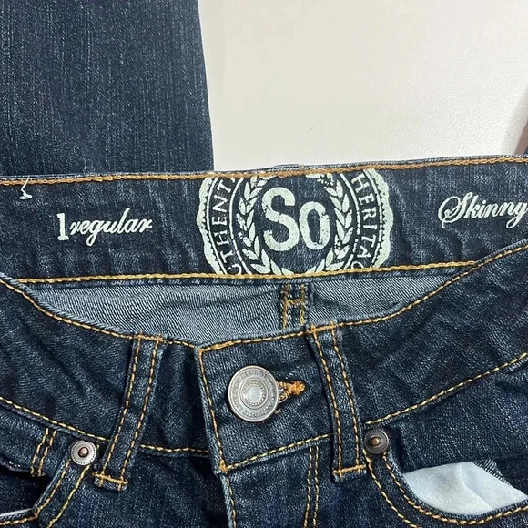 SO skinny dark wash jeans juniors size 1 xs gold orange stitch belt loops - Picture 8 of 10